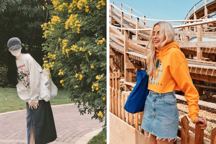 áo hoodie mix chân váy jean